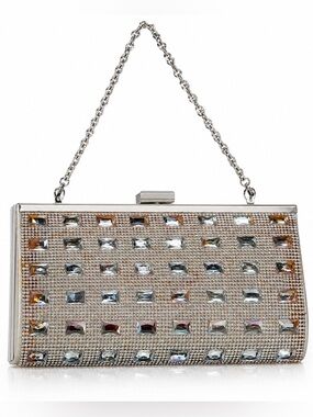 Silver Crystal-Embellished Evening Clutch - Women Bags
